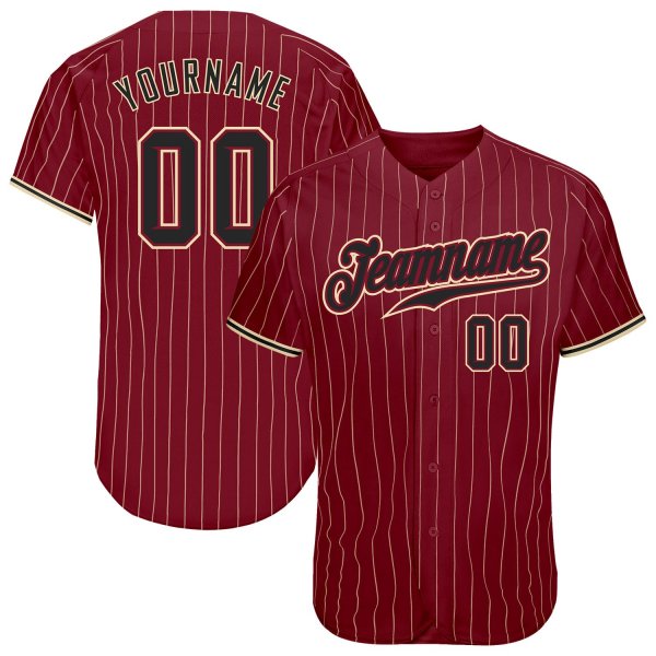 Custom Crimson Cream Pinstripe Black-Khaki Authentic Baseball Jersey