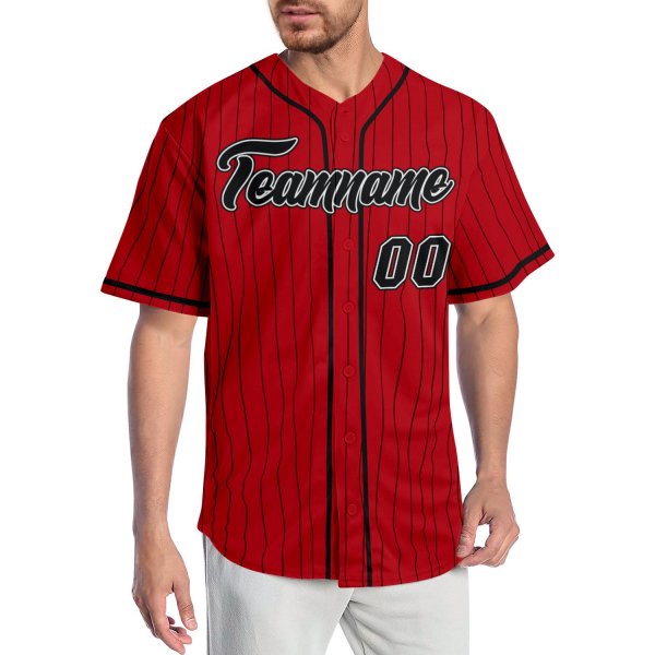 Custom Red Black Pinstripe Black-White Authentic Baseball Jersey